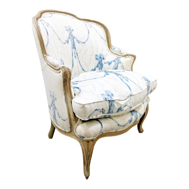 Antique Framed French Louis XV Style Bergère Chair Scalamandre Fabric For Sale
