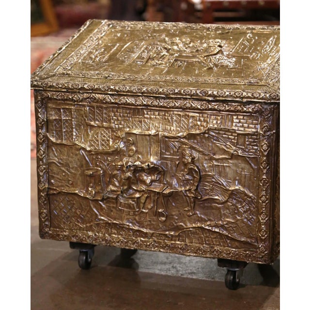 Wood Early 20th Century French Repoussé Brass Fireplace Wood Box on Casters For Sale - Image 7 of 9