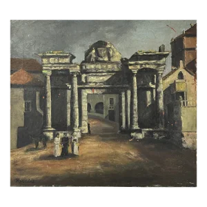 Vintage Folk Art Roman Ruins Landscape With Figures, Signed (Oil on Canvas)