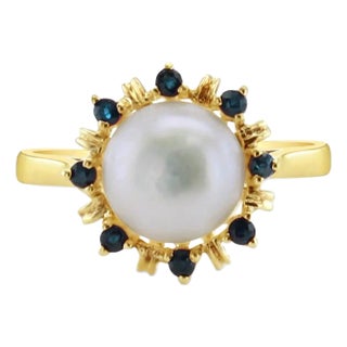 8MM Pearl Ring with Sapphire Halo 14k Yellow Gold, Size 7.5 For Sale