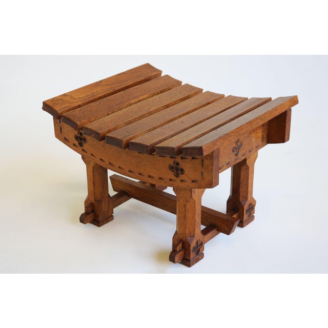 Antique Dutch Arts & Crafts Stool in Carved Oak, 1900 For Sale - Image 4 of 9