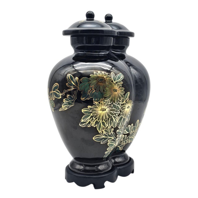 Rare Chinese Conjoined Ginger Jar With Stand 15.5" Black Gold Double Lidded For Sale In San Francisco - Image 6 of 15