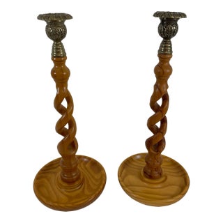 Vintage English Oak Open Barley Twist Candlesticks - A Pair For Sale