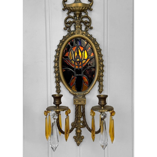 Metal Antique Empire Brass & Stained Glass Crystal Prism Candle Wall Sconces - A Pair For Sale - Image 7 of 11