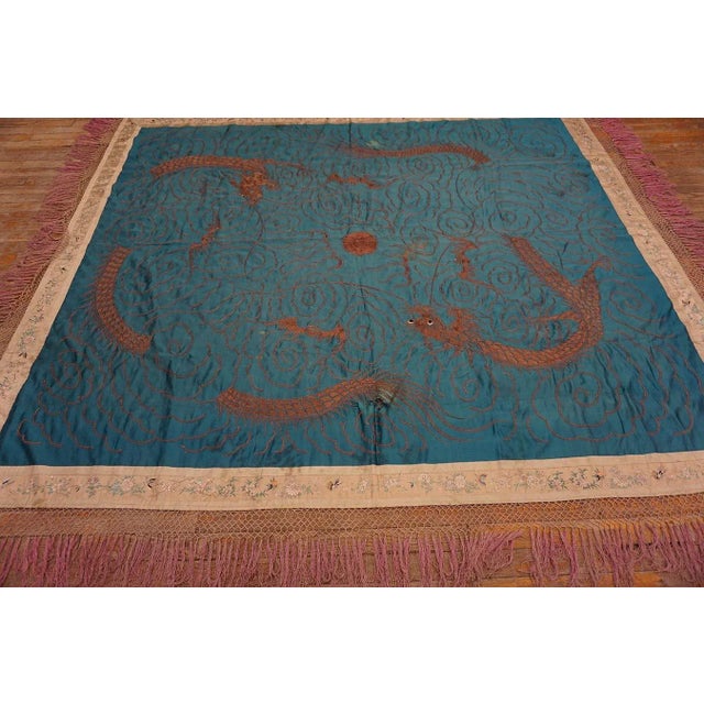 Chinese Majestic Teal Blue Color Background With Dragons Patters Desing Antique Chinese Textile Rug For Sale - Image 3 of 9