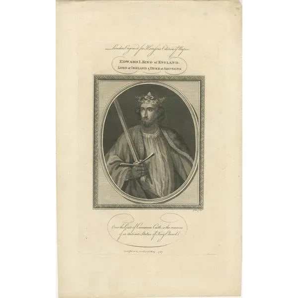 An engraved portrait of Edward I, also known as Edward Longshanks and the Hammer of the Scots, who was King of England...