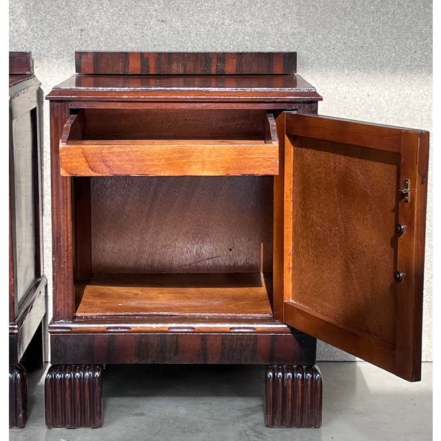 Art Deco Walnut Slab Side Cabinets or Nightstands With Carved Base, 1930s For Sale - Image 6 of 11