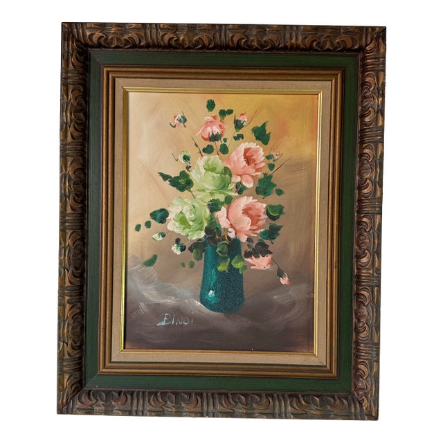 1970s Vintage Floral Still Life - Green & Pink Roses in Vase Oil on Canvas Painting by Bindi For Sale
