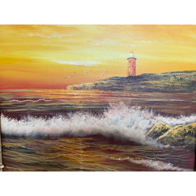 Vintage Oil Painting Lighthouse Sunset Seascape Coastal Art Unique Shell Decor For Sale - Image 11 of 11