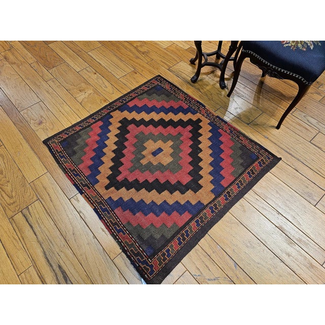 Mid 20th Century Vintage Persian Sofreh Qashqai Tribal Kilim, Handwoven Wool, Geometric Multicolor Pattern, 4’ X 4’ For Sale - Image 5 of 9