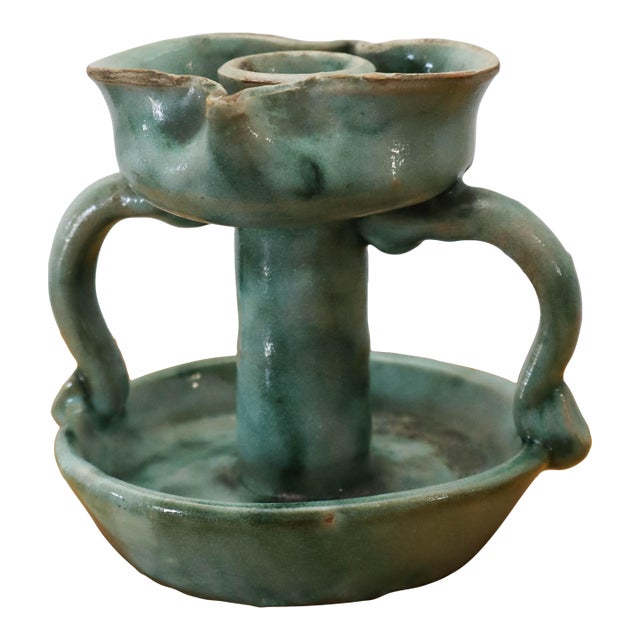 1950s Handmade Italian Green Handled Candle Holder by Vietri For Sale
