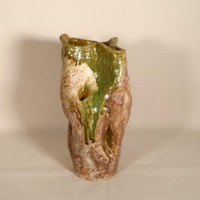 Mid-Century Modern Vintage Sculptural Earth Tone Wabi Sabi Large Organic Studio Pottery Vase With Drip Glaze For Sale - Image 3 of 16