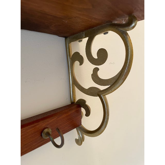 Spanish Revival Vintage 1970s Mediterranean Wall Shelf With Cast Metal Scroll Brackets & Plate Grooves For Sale - Image 3 of 10