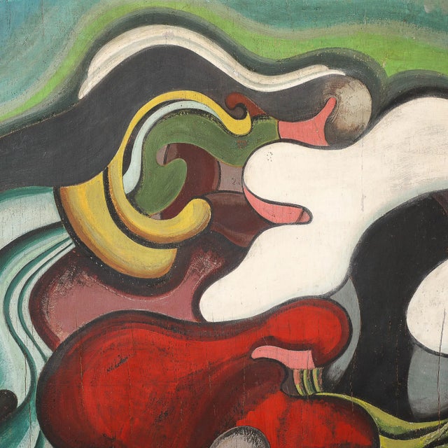 Green Mid-Century Modernist 'Composition Biomorphique' Temperal Painting For Sale - Image 8 of 12