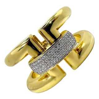 Mid 20th Century Major 18K Gold "H" Cuff Bracelet with Diamond Connecting Links 1.5 Inches Wide For Sale