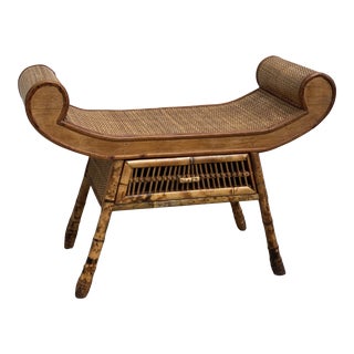 Vintage Scorched Bamboo Wicker Pagoda Bench For Sale