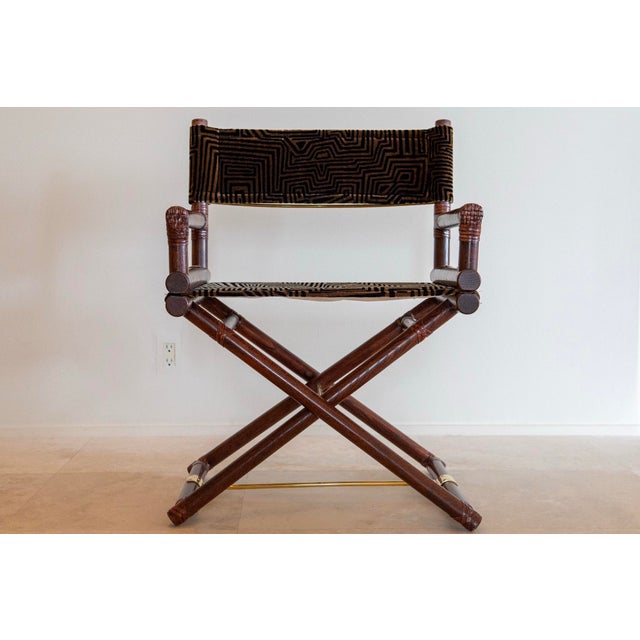 Wood 1970's McGuire Director's X-Chair in Velvet Jacquard For Sale - Image 7 of 11