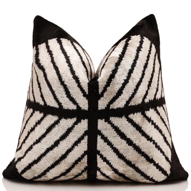 Mid-Century Modern Black & Ivory Chevron Silk Velvet Pillow 16x16 Handmade Luxury Cushion For Sale - Image 3 of 7