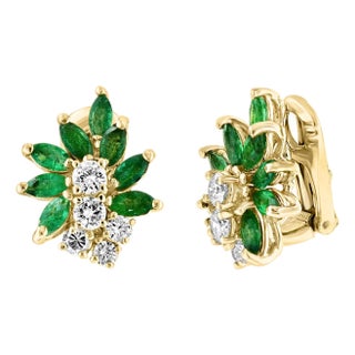1.6Ct Natural Brazilin Marquise Emerald & 1.0 Ct Diamond Clip on Earring 18 KYG For Sale