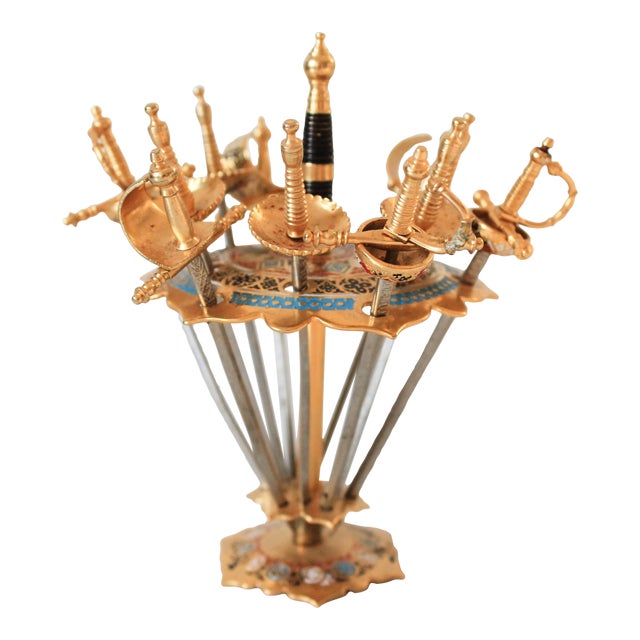 1960s Vintage Spanish Toledo Brass Sword Cocktail Skewers Food Picks With Base For Sale