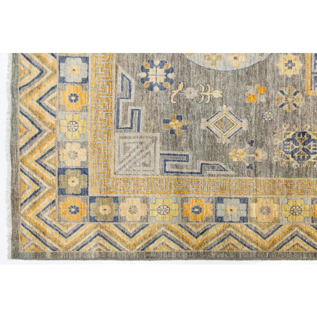 Modern Khotan Style Handmade Wool Rug - Slate Grey & Ochre Geometric Design For Sale In New York - Image 6 of 10
