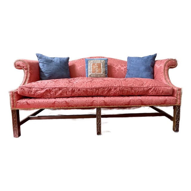 Vintage Neoclassical Style Sofa With Chippendale Influence, Gothic Tracery Base, and Down Cushion For Sale