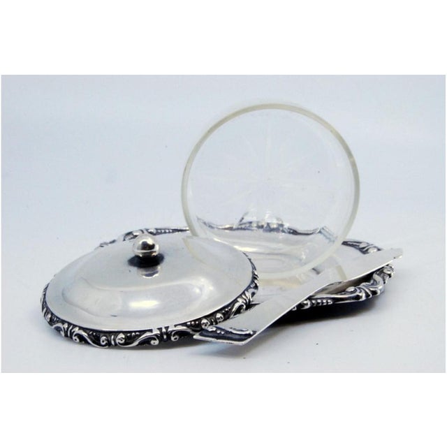 Butter Dish in Embossed Silver with Cut Glass Core, Knob Lid and Knife For Sale - Image 5 of 9