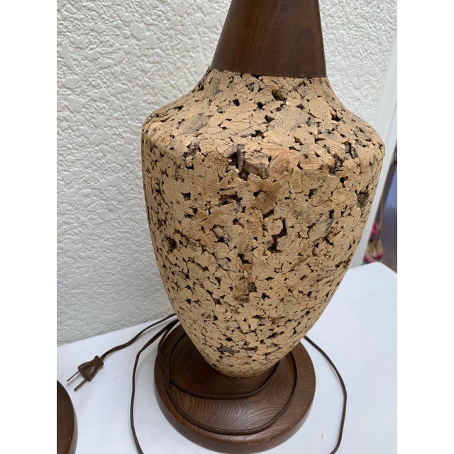 1960s Set of Two Midcentury Modern Scandinavian Style Cork and Wood Lamps, a Pair For Sale - Image 5 of 11