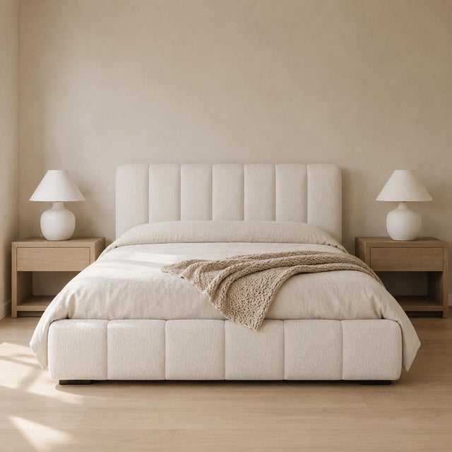 Contemporary Tufted Ivory Boucle King Bed Frame For Sale - Image 3 of 3