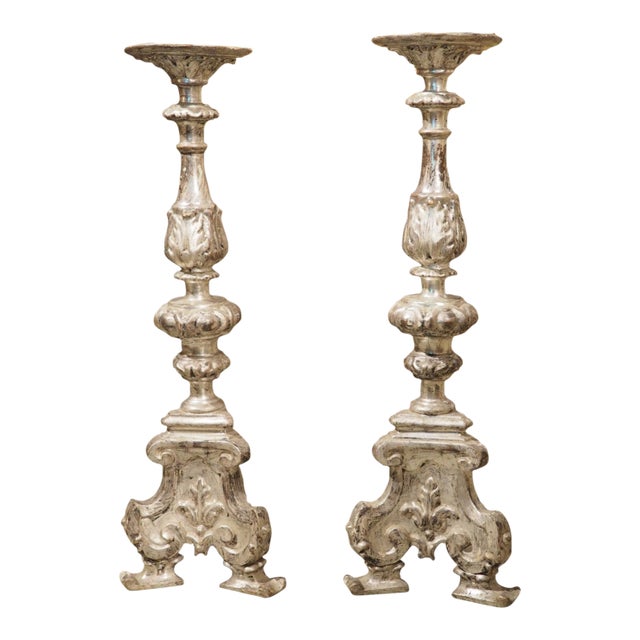 Pair of 19th Century Carved Italian Silverleaf Candlesticks For Sale