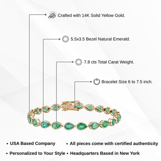 Classic 7.8ct Pear Emerald Tennis Bracelet in 14k Yellow Gold by VRJewels For Sale - Image 13 of 18