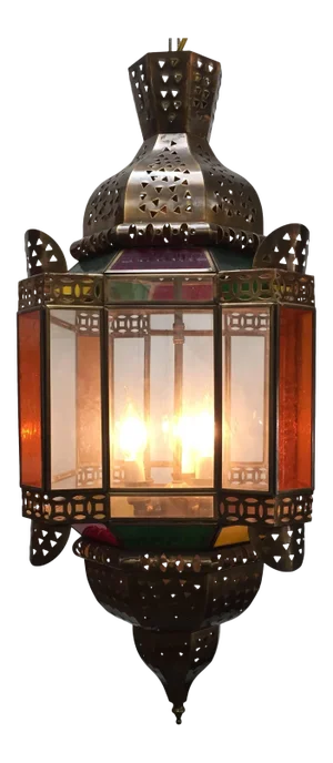 Moroccan Brass Light Fixture With Amber Colored Stained Glass