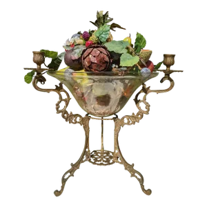 Ornate Brass Tripod Compote Centerpiece Candelabra & Large Fluted Bowl With Fruit