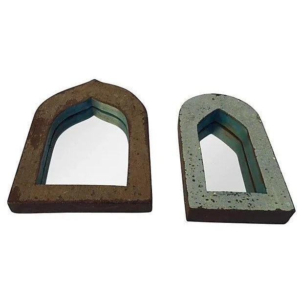 Pair of vintage Indian archway mirrors with painted and distressed teak wood frames. Purchased in India. Smaller mirror,...