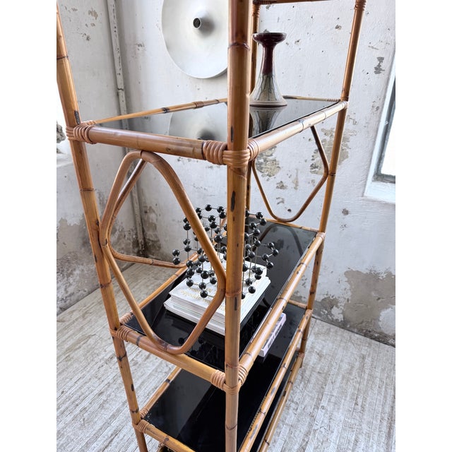 Rattan and Black Glass Bookcase, 1960s For Sale - Image 16 of 18