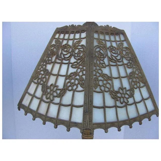 Art Nouveau 1920s Paneled Slag Glass Filegree Table Lamp For Sale - Image 3 of 7