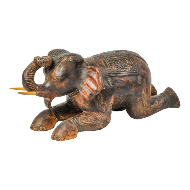 Vintage Thai Hand Carved Elephant Taper Candle Holder For Sale