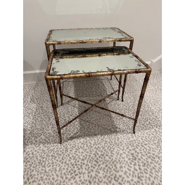Beautiful pair of faux bamboo/faux bois (up for interpretation!) mirror-top nesting/side tables by Century, circa 2011....