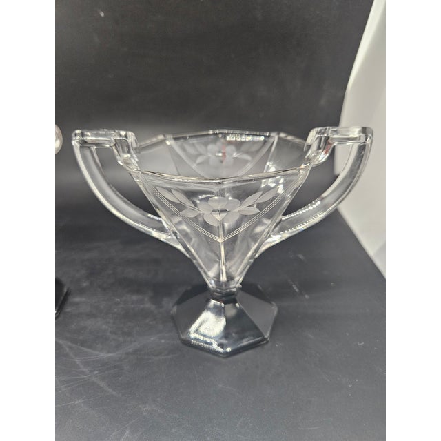 Vintage Art Deco Glass Sugar & Creamer Floral Wheel Cut w/ Black Base Geometric