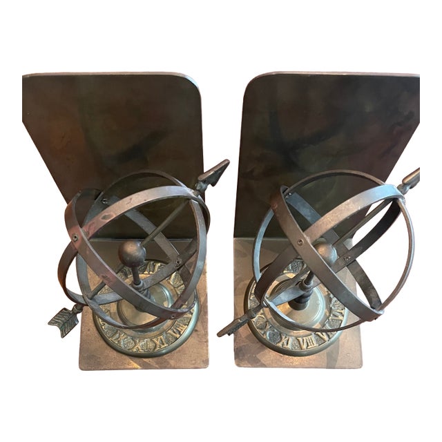 Vintage Mid-Century Armillary Sphere & Arrow Bookends For Sale