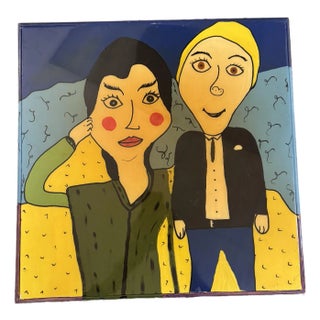 One-of-a-Kind Hand-Painted Folk Art Portrait Accent Table on Blue Metal Base For Sale