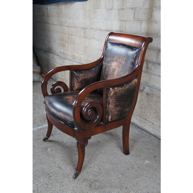 Henredon Late 20th Century Henredon Mahogany Distressed Leather French Empire Regency Club Lounge Armchair For Sale - Image 4 of 12
