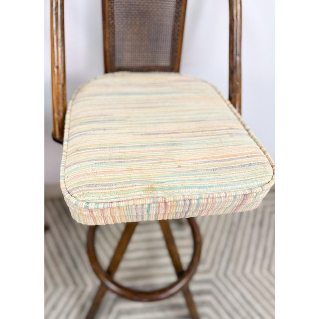 Wood 3 Vintage Coastal Bamboo Barstools Dark Rattan W/ Beige Cushions and Caned Back For Sale - Image 7 of 10
