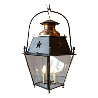 Mid 20th Century French Copper and Iron Lantern with Star Motifs For Sale
