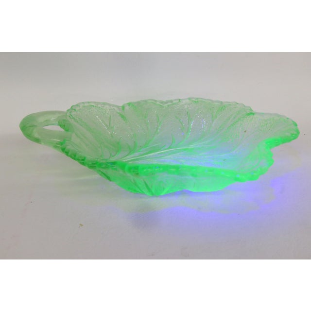 Glass Uranium Glass Cabbage Leaf Candy Server Nappy Dish 4571b For Sale - Image 7 of 17