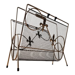 1960s Mid Century Steel Mesh Magazine Rack with Fleur De Lis Motif For Sale