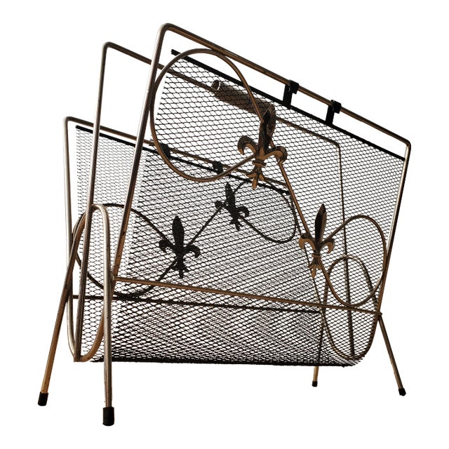 1960s Mid Century Steel Mesh Magazine Rack with Fleur De Lis Motif For Sale