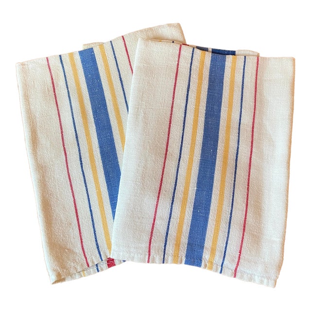 Pair of Vintage Linen Tea Towels, Multi-Color Stripes For Sale