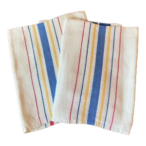 Pair of Vintage Linen Tea Towels, Multi-Color Stripes