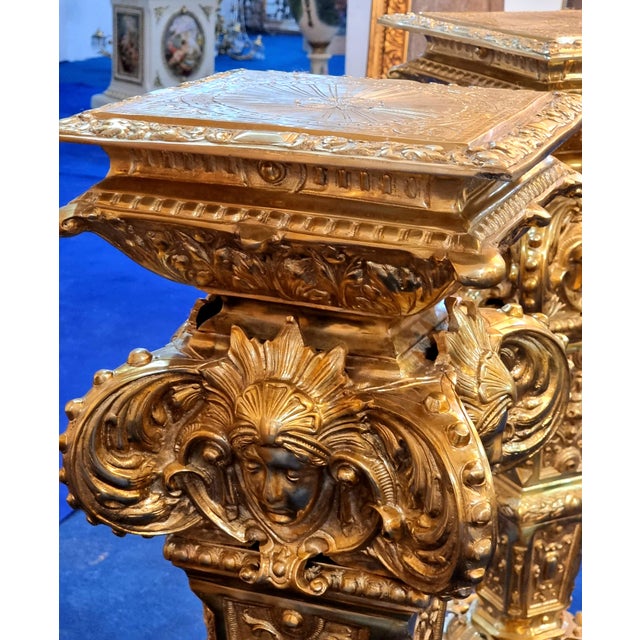Ornate French-Style Pedestal Stand Set of 2 – Heavy Gold Leaf Finish With Sculpted Decorative Details For Sale - Image 4 of 5